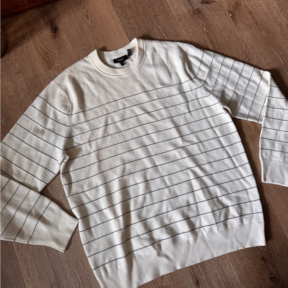 Theory Men's Wool White and‎ Black Striped Crewneck Sweater